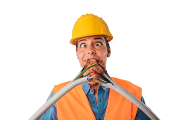 Astonished worker girl with hat breaks an electric cable