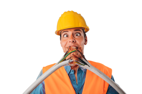 Astonished worker  girl with hat breaks an electric cable