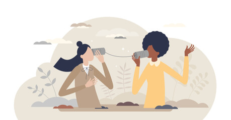 Friends talking in conversation for information exchange tiny person concept, transparent background. Communication as speaking and listening process illustration. Phone usage scene. - obrazy, fototapety, plakaty