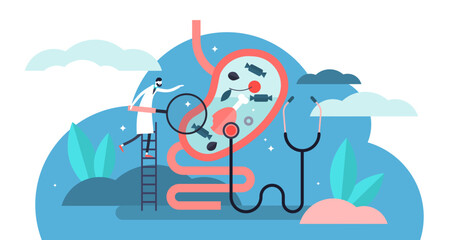 Gastroenterology illustration, transparent background. Flat tiny stomach doctor persons concept. Medical internal organs disease health care.