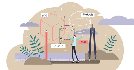 Geometry illustration, transparent background. Flat tiny mathematics study persons concept. Shape, size and figures research with measurement instruments. Student knowledge learning.