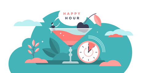 Happy hour illustration, transparent background. Flat tiny cheap alcohol time persons concept. Get second drink for free promotion in bars and pubs. Refreshment beverage special discount. - Powered by Adobe