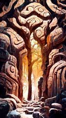 Fototapeta na wymiar forest Mayan style tree caver illustration art Generative AI Content by Midjourney