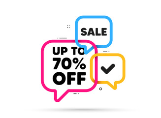 Up to 70 percent off sale. Ribbon bubble chat banner. Discount offer coupon. Discount offer price sign. Special offer symbol. Save 70 percentages. Discount tag adhesive tag. Promo banner. Vector