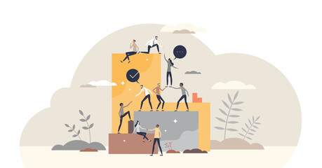 Helping business partners and colleagues for common goal tiny person concept, transparent background. Partnership, collaboration and support scene.