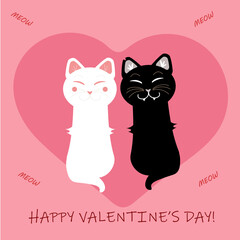 Postcard on Valentines's day with two  cats in big pink heart with text decoration