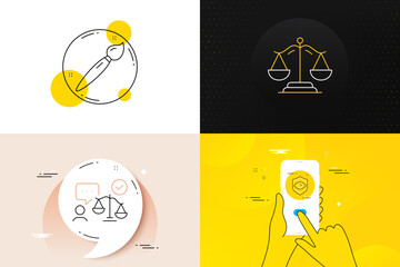 Minimal set of Brush, Eye detect and Lawyer line icons. Phone screen, Quote banners. Justice scales icons. For web development. Art brush, Retina check, Court judge. Judgement. Brush line icon. Vector