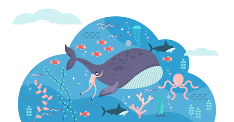 marine life illustration, transparent background. Flat tiny sea or ocean fishes and animals visualization. Underwater wildlife with big whale. Swimming fauna exploration and research.