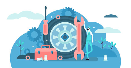 Mechanic illustration, transparent background. Flat tiny tech occupation persons concept. Professional job service for machinery repair, maintenance, fix or production. Garage industrial work. - obrazy, fototapety, plakaty