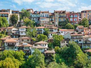View from above with the medieval buildings and houses in Veliko Tarnovo, the historical and cultural capital of Bulgaria