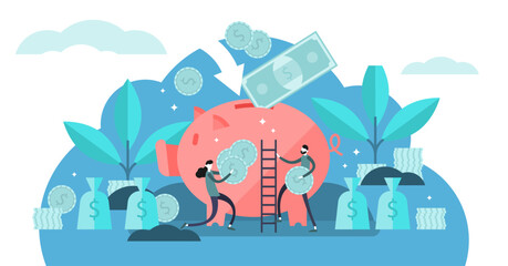 Money saving illustration, transparent background. Flat tiny persons concept with budget piggy bank. Financial wealth symbol with cash money from savings.