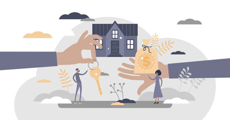Mortgage as house property exchange for loan process flat tiny persons concept, transparent background. Bank agreement for real estate purchase financial support illustration. Buy new home.