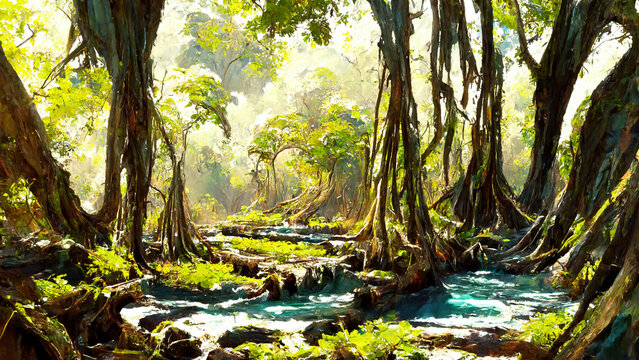 forest Mayan style tree river illustration art Generative AI Content by Midjourney