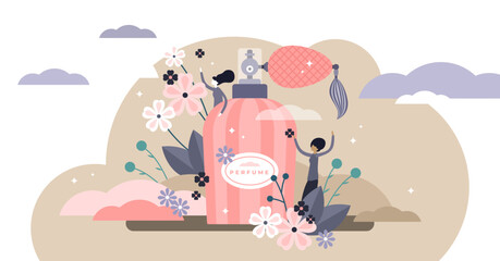 Fototapeta na wymiar Perfume illustration, transparent background. Flat tiny aroma spray product persons concept. Vintage bottle and hygiene fragrance for good body smell.