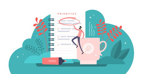 Priorities illustration, transparent background.Flat tiny agenda importance to do list persons concept.Work planning and management to boost your efficiency.