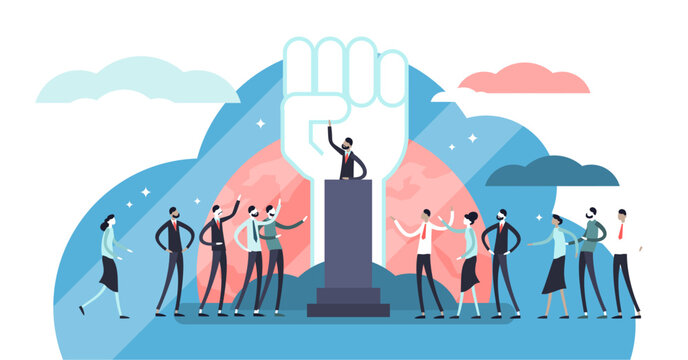 Populism illustration, transparent background. Flat tiny leader manipulation persons concept. Disinformation strategy to lie crowd. Political fake news approach ideology.