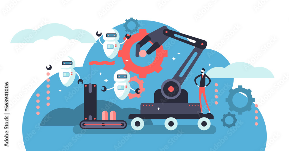 Poster robotics illustration, transparent background. flat tiny person concept with future robots. industry