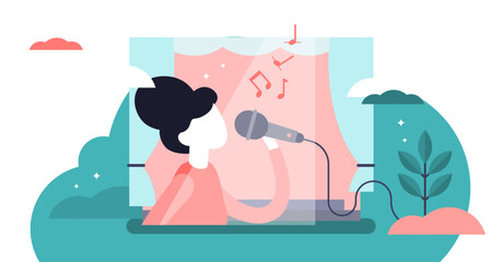 Singing illustration, transparent background. Flat tiny musical performance persons concept. Abstract sound singer hobby with vocal media entertainment show. Leisure stage karaoke lifestyle.