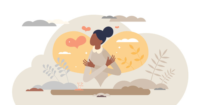 Self love confidence as hug yourself and be proud female tiny person concept, transparent background. Inner mental acceptance as proud and caring woman illustration.