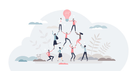 Teamwork success as team pyramid to innovative results tiny person concept, transparent background.