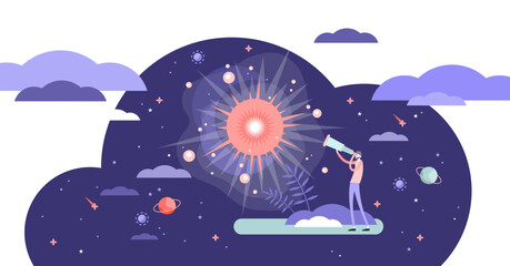 Fototapeta premium Big bang theory exploration flat tiny person concept illustration, transparent background.Looking in telescope to the history of universe.Science facts and knowledge data.