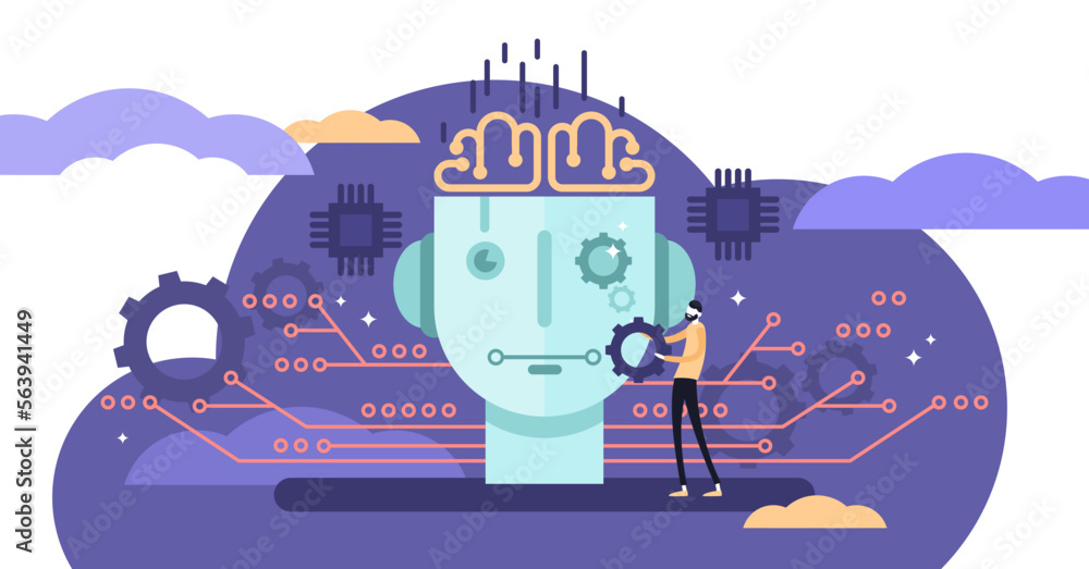Poster artificial intelligence or ai illustration, transparent background. flat tiny it engineer person con