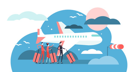 Airline illustration, transparent background. Flat tiny sky transportation persons concept. Airplane journey departure to international holiday destination. Aviator, cabin crew.