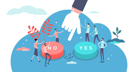 Choose illustration, transparent background.Flat tiny options choice process persons concept.Symbolic scene with yes or no answers and decision making. - obrazy, fototapety, plakaty