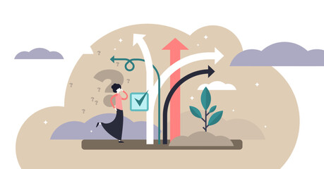 Decision making illustration, transparent background. Flat tiny choose options person concept. Career, life and question decisions process visualization.