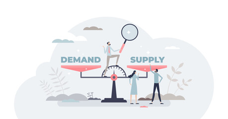 Demand supply scale balance for market sale management tiny person concept, transparent background. Strategy planning analysis for efficient and competitive business illustration.