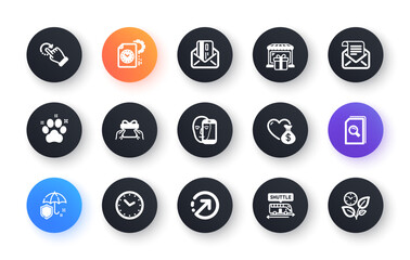 Minimal set of Face biometrics, Rotation gesture and Direction flat icons for web development. Pet friendly, Credit card, Shuttle bus icons. Donation, Search files, Umbrella web elements. Vector