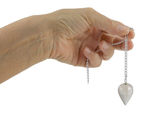 Female hand holding a Clear Quartz Radionics Dowsing Pendulum on a silver chain transparent png file