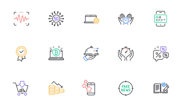Notebook service, Safe time and Food delivery line icons for website, printing. Collection of Tested stamp, Engineering documentation, Best app icons. 5g technology, Bitcoin. Vector