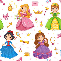 Cartoon seamless pattern with hand drawn cute little princess girl and design elements.. Vector illustration.
