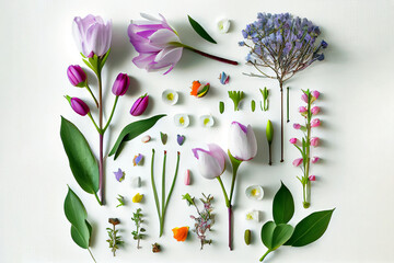 Kneeling Flowers in Spring: A Vector Illustration of Tulips, Lilacs, and Twigs on a White Background