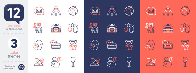 Set of Messenger, Leadership and Online question line icons. Include Water drop, Health skin, 24h service icons. Wine glass, Search, Job interview web elements. Inclusion, Circus. Vector