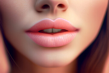 Close up of lips with pastel pink lipstick. Beautiful woman face natural make up, fashion. AI generative