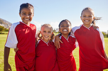 Girl, soccer group portrait and field with smile, team building happiness and solidarity for sport...