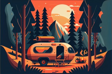 Flat design of ?amping van in the forest. Generative AI