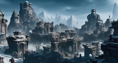 Naklejka premium A Ruined troglodyte city of white and gray stones - This Illustration is made with AI