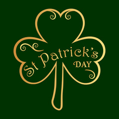 Happy St Patrick's Day design inside a shamrock shape, on dark green
