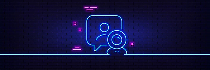 Neon light glow effect. Video conference line icon. Online training sign. Web presentation symbol. 3d line neon glow icon. Brick wall banner. Video conference outline. Vector