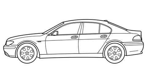 Classic luxury sedan car. Side view shot. Outline doodle vector illustration. Design for print, coloring book