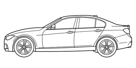Classic luxury sedan car. Side view shot. Outline doodle vector illustration. Design for print, coloring book