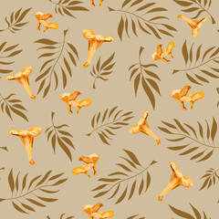 seamless pattern with autumn leaves. Poisonous and edible mushrooms, isolated vector illustration. Forest wild mushrooms types. Pattern