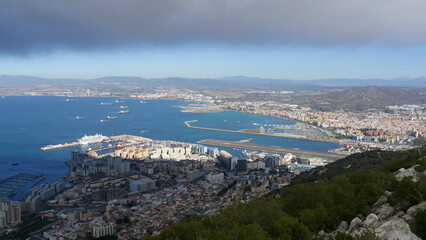 Fototapeta na wymiar the Rock of Gibraltar with La Linea in the background. Looking down from above