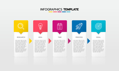 Business infographic template process with simple geometry square, rectangle, circle, triangle, curves in flat design template with thin line icons and 5 options or steps. Vector illustration.