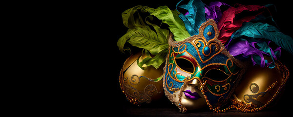 Venetian Carnival Mask and Beads Decoration. Mardi Gras Background With Copy Space Area. Generative AI
