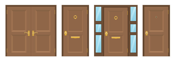 Colour front doors to houses and buildings set in flat design style. vector illustration. Colourful realistic front doors set