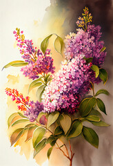 Watercolor lilacs painting background.  
Digitally generated AI image
